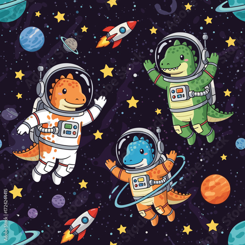 Cute cartoon astronaut dinosaurs explore space with planets and rockets Fun adventure for kids