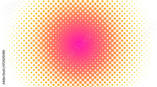 Vibrant halftone dot pattern with gradient background in pink orange and yellow colors creating modern dynamic abstract design