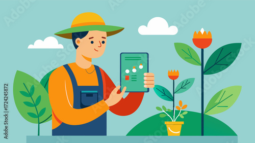 A farmer used a handheld device to scan a plant and instantly receive data on its nutrient levels and health. This allows for timely interventions and targeted fertilization to. Vector illustration