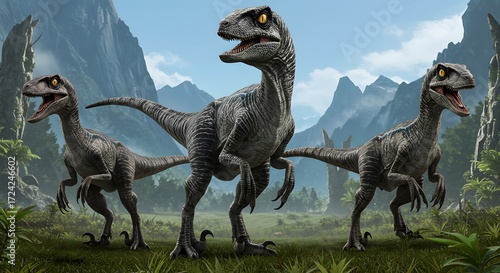 Three velociraptors standing in a grassy field with mountains and trees in the background on a sunny day