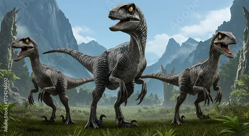 Fototapeta Three velociraptors standing in a grassy field with mountains and trees in the background on a sunny day