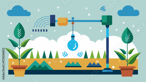 A picture of an automated irrigation system controlled by soil moisture sensors and weather data to provide plants with precise amounts of water and nutrients.. Vector illustration