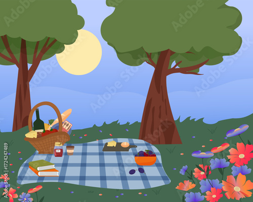 A picnic in a forest or park. Time for rest and relaxation. A picnic basket with food. A plaid blanket. A tablecloth with flowers and green trees. Books. A baguette, cheese and wine, vegetables and