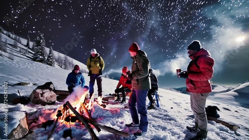 Hikers warming up around bonfire on snowy mountain under starry sky