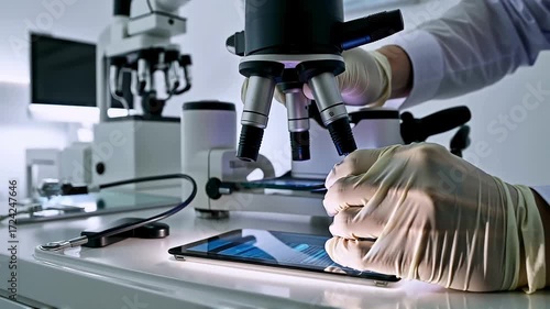 Scientist adjusting microscope in modern laboratory for tablet analysis