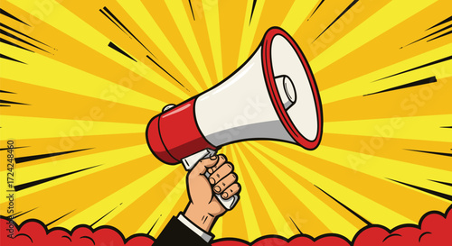 Hand Holding Megaphone on Pop Art Sunburst Background