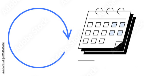 Circular arrow pointing to a calendar grid with spiral binding, symbolizing schedule planning, deadlines, and cycles. Ideal for time management, routine, organization, workflow, repetition