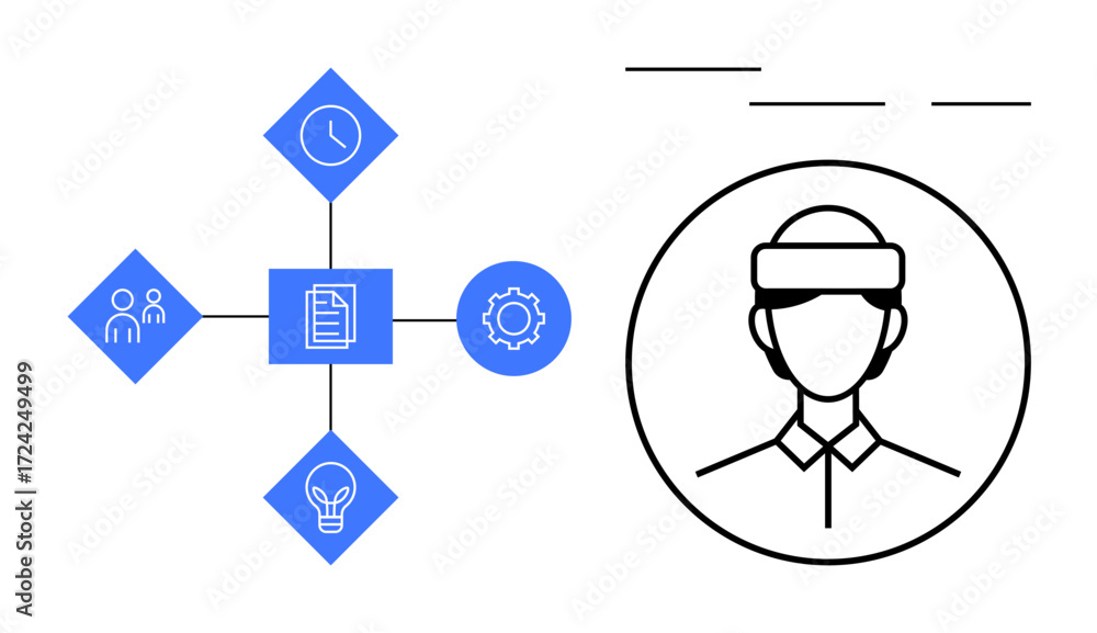 Obraz premium Human avatar wearing headset alongside interconnected icons representing teamwork, task organization, productivity, innovation, and time. Ideal for business, leadership, education, remote work