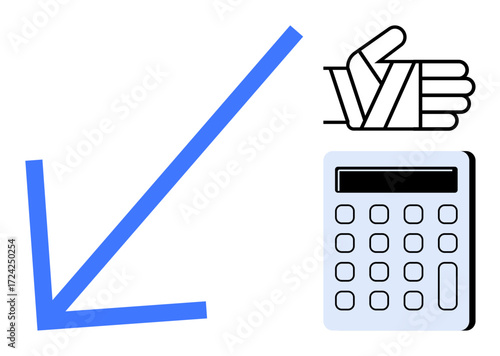 Blue downward arrow, injured thumbs-up hand, and calculator icon highlight financial setback, risk management, medical expenses, cost analysis. Ideal for business, healthcare, budgeting
