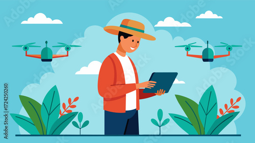 A farmer uses a tablet to control a group of crop inspection drones surveying their data and making necessary adjustments to optimize crop growth.. Vector illustration
