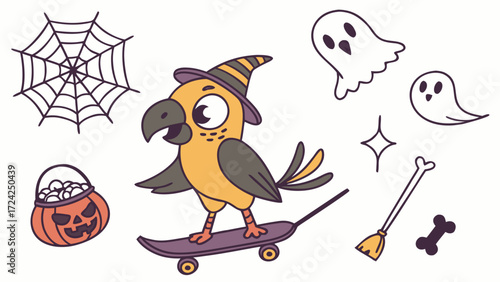 Cute Funny Parrot, accessorized with riding a skateboard, in a Halloween world – Spooky Fun palette vector