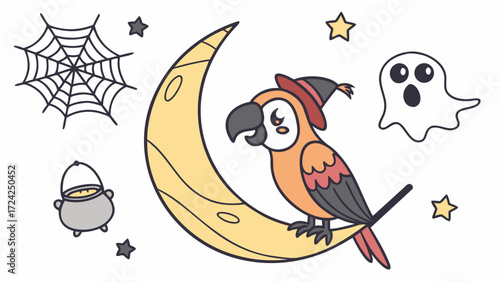 Cute Cheerful Parrot, accessorized with sitting on a moon, in a Halloween world – Spooky Fun palette vector