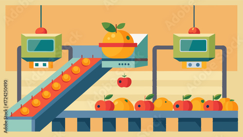 A depiction of how automated fruit sorters can be used in postharvest processing ensuring fruits are sorted and packed quickly to maintain freshness and quality.. Vector illustration