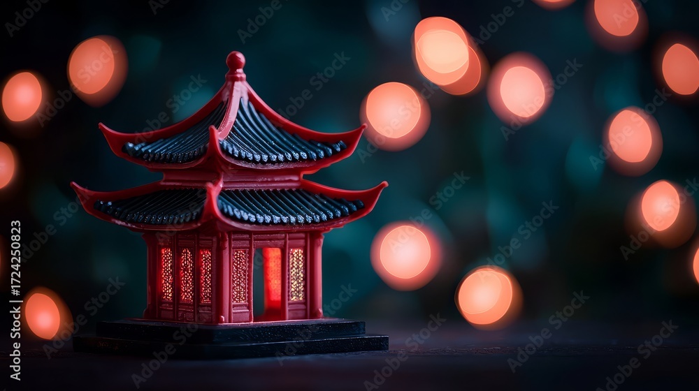 Fototapeta premium Small red building with a black roof sits on a dark background. The building is surrounded by a blurry, glowing light