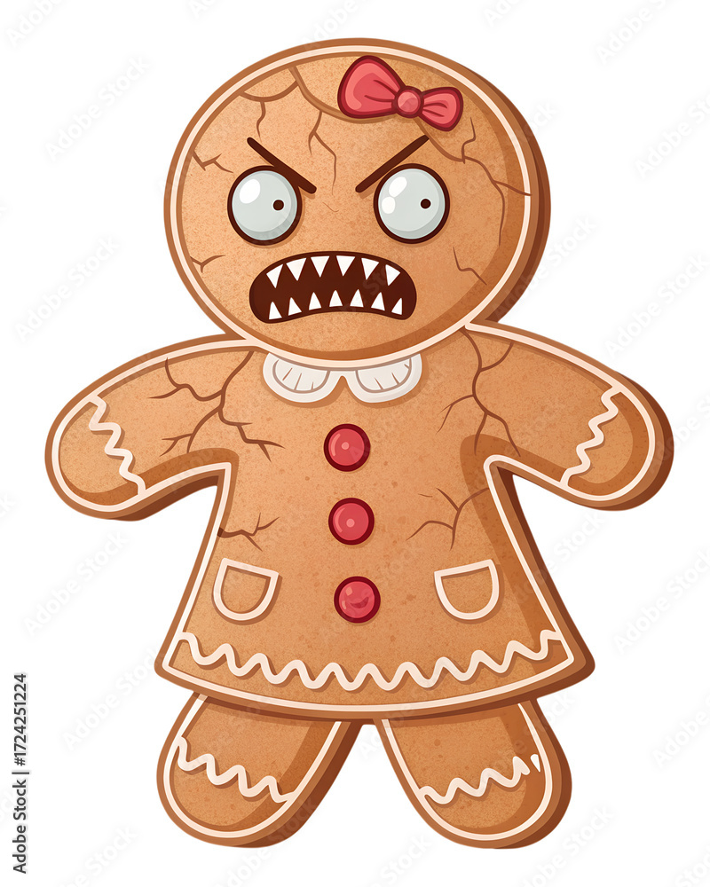 Fototapeta premium Evil Gingerbread Woman PNG – Creepy Angry Cookie Lady with Sharp Teeth on Transparent Background
