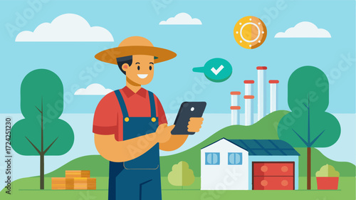 A farmer using a mobile app to track expenses and income for their farm in realtime.. Vector illustration