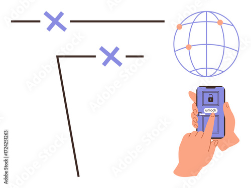 Hands using mobile phone to unlock secure access, interconnected globe, and circuit lines. Ideal for cybersecurity, data protection, global communication, technology, innovation, digital security