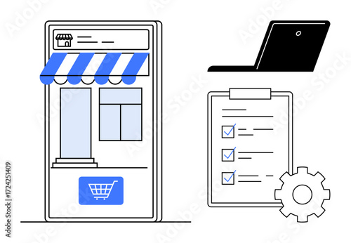 Digital storefront with cart button, checklist with gear for workflow, and laptop. Ideal for e-commerce, online retail, business organization, mobile usability, task management, productivity simple