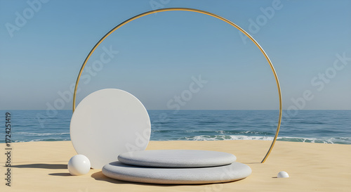 Luxury Branding Background with Podium on Sandy Seaside