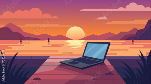 Against the backdrop of a hazy sunset a laptop sits atop a slightly worn dock its user taking in the beauty of the moment while also staying connected.. Vector illustration