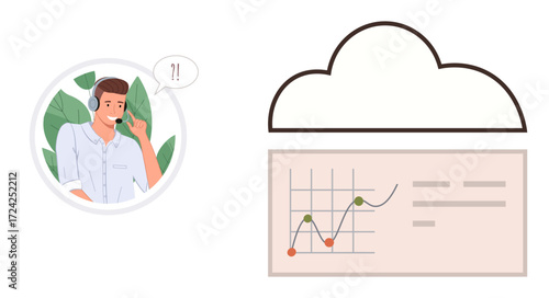 Male support agent wearing a headset, speaking with a puzzled expression, alongside a cloud containing a data chart and analytics. Ideal for customer service, data management, cloud technology