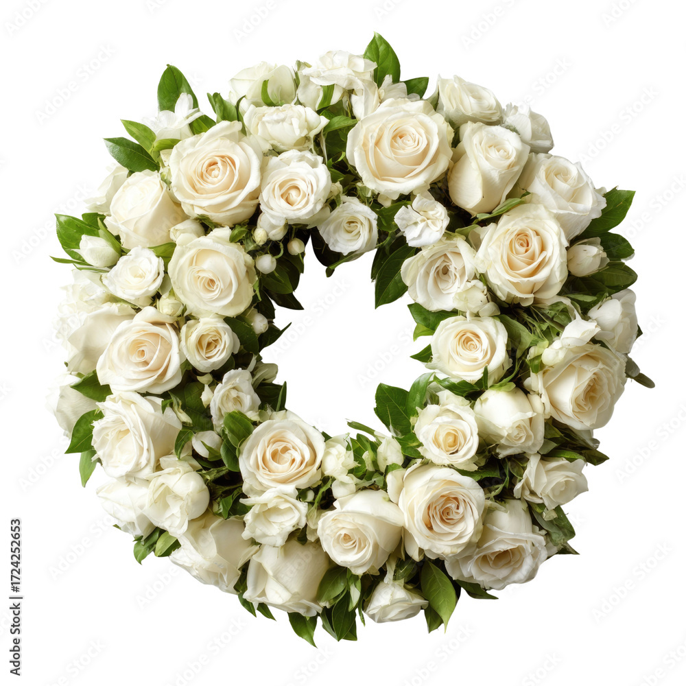 Fototapeta premium A beautiful circular wreath of creamy white roses and green leaves, perfect for wedding or funeral arrangements. background removed