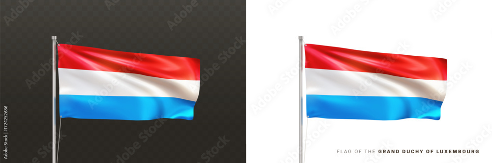 Obraz premium Realistic national flag of the Grand Duchy of Luxembourg on a metal flagpole isolated on black and white background. Waving in the wind flag. Luxembourgian patriotic symbol. 3d vector illustration