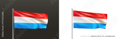 Free Download Realistic national flag of the Grand Duchy of Luxembourg on a metal flagpole isolated on black and white background. Waving in the wind flag. Luxembourgian patriotic symbol. 3d vector illustration - GFXLoad