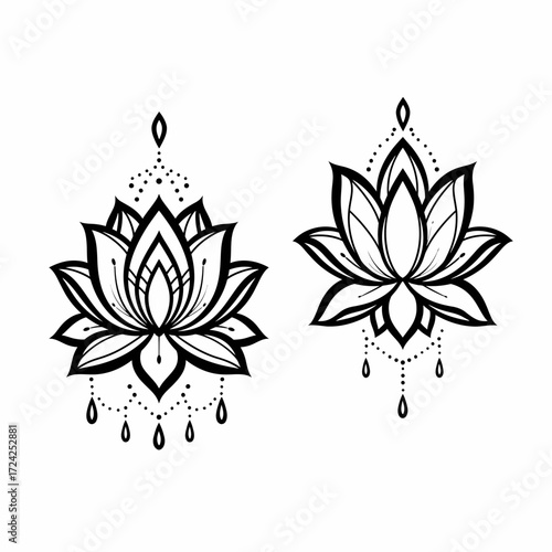 Two elegant black and white lotus flower designs with intricate decorative elements, ideal for spiritual tattoos or meditative motifs.
