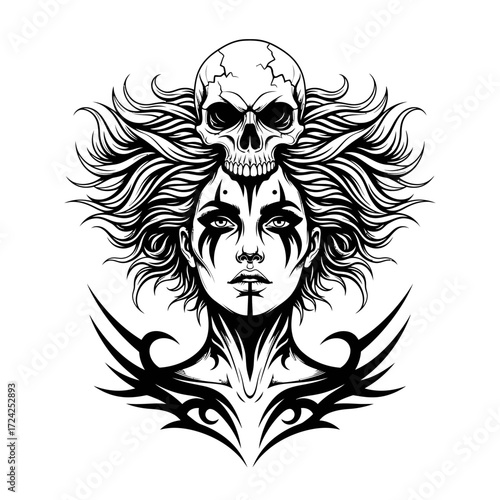 A gothic woman with a skull headdress, wild flowing hair, and tribal tattoos in a black and white fantasy illustration.