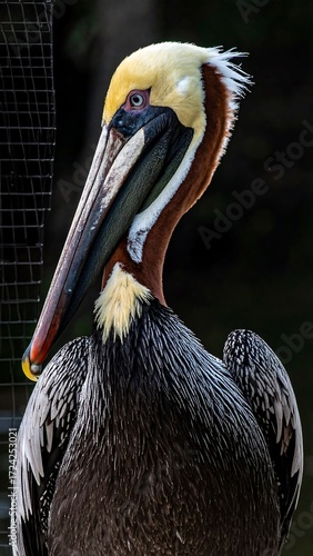 Close-up of a pelican's head and upper body