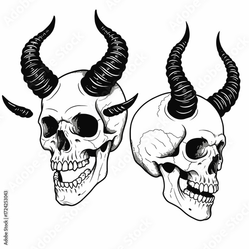 Illustration of devilish skulls with horns.