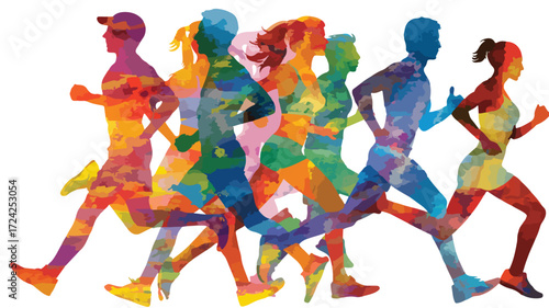 Vibrant Diverse Group of Colorful Runners in Action on White Background