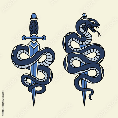 Two tattoo designs: snake wrapped around dagger, traditional style.