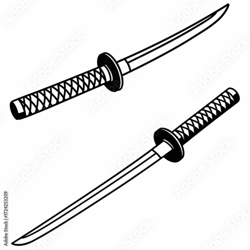 Two black and white line art illustrations of traditional Japanese swords, one horizontal and one diagonal, depicting martial arts weaponry.