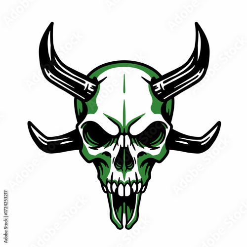 Green skull with horns, graphic design, illustration, stylized, menacing.