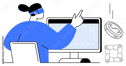Professional immersed in virtual reality, interacting with desktop screen, digital currency coin, and teamwork icon. Ideal for technology, blockchain, innovation, collaboration, VR future trends