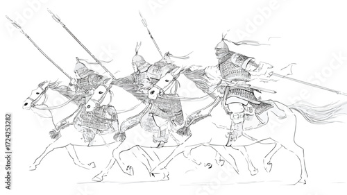 Majestic Scene of Asian Warriors Riding Horses in Vector Art