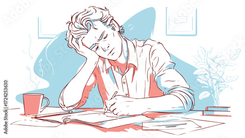 Exhausted Young Man Leaning on Elbow Studying Content