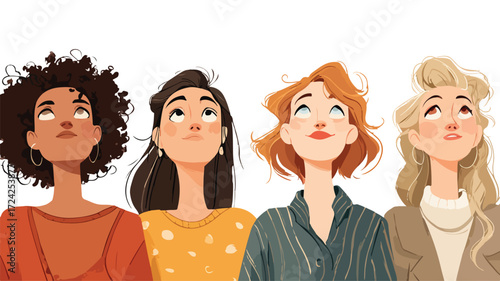 Four Diverse Female Cartoon Characters Gazing Upward Together