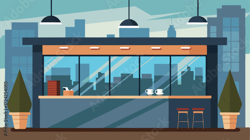 A sleek and modern coffee bar with large windows showcasing the bustling city streets outside.