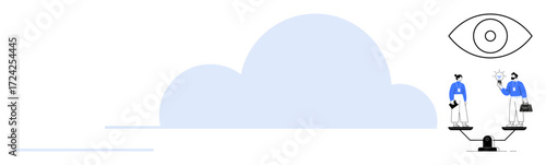 Two individuals on a scale balance decisions, one holding documents, the other a lightbulb. Overhead a cloud and an eye suggest innovation, surveillance, and awareness. Ideal for decision-making