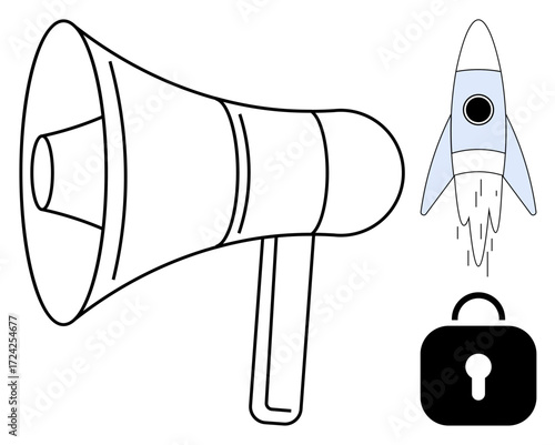 Megaphone for communication, rocket for innovation and ambition, lock for security. Ideal for marketing, startup, branding, safety, technology messaging growth. Simple flat metaphor