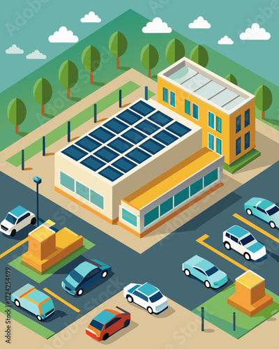 A suburban office complex outfitted with solar panels on every building allowing for a network of electric vehicle charging points throughout the employee parking lot.. Vector illustration