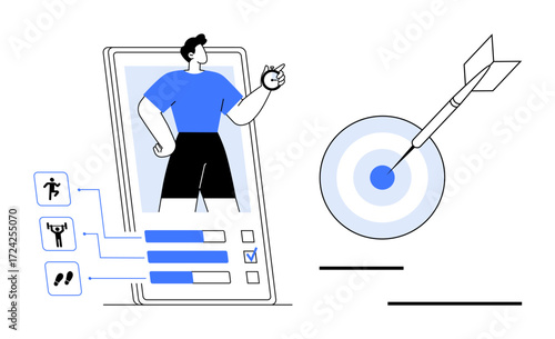 Man in fitness app interface checking health stats, tracking exercise progress, and pointing to bullseye goal. Ideal for fitness, health, progress, technology, app analytics, goal setting lifestyle