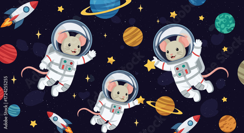 Whimsical astronaut mice explore vibrant outer space with planets rockets and twinkling stars