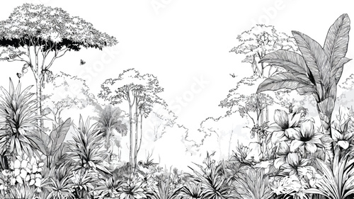 Vibrant Lush Rainforest with Exotic Flora Vector Illustration