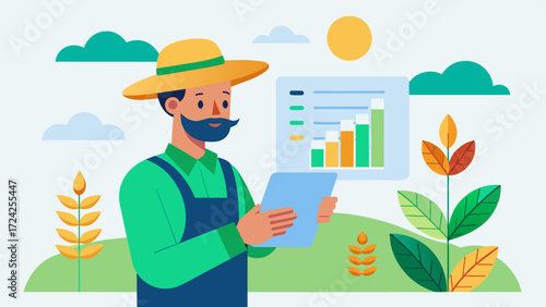 A farmer receives a detailed report from the AIpowered harvest prediction model outlining the most profitable crops to plant based on market demand and future predictions.. Vector illustration