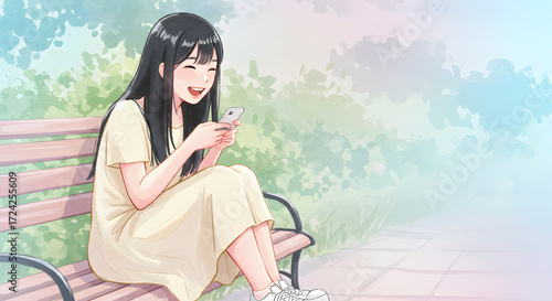 Girl with straight black hair in a beige dress, engrossed in her phone while sitting on a park bench surrounded by greenery, watercolor style, calm atmosphere.