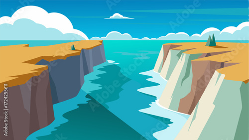 A series of towering cliffs separated by stretches of white sand forming a natural barrier between the island and the turbulent ocean.